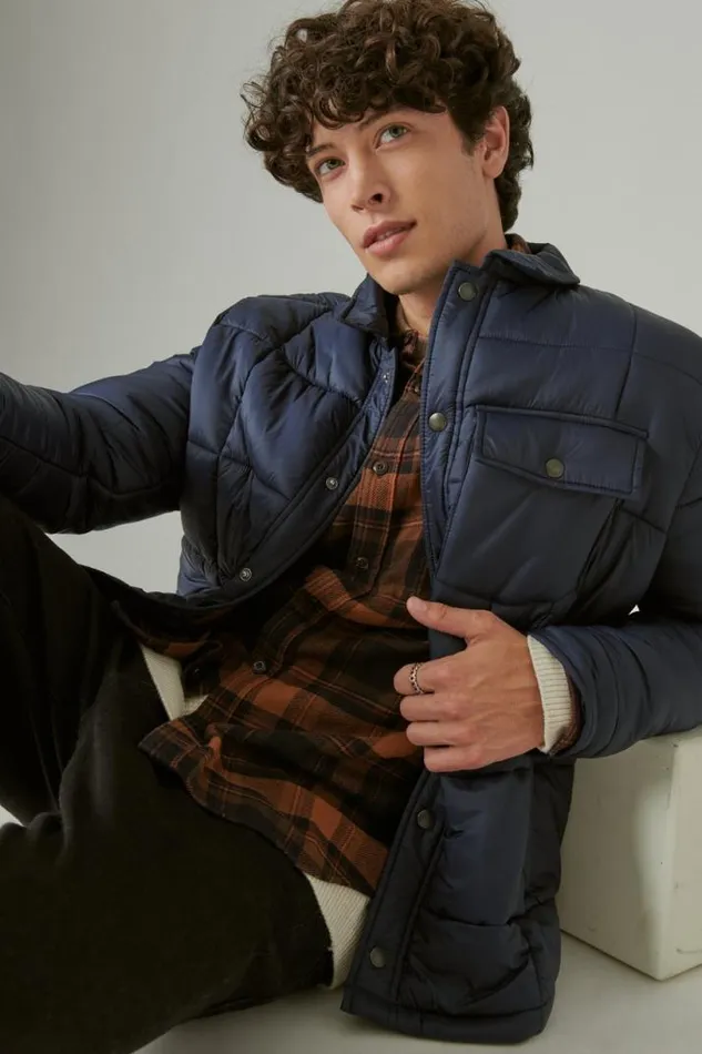 Men Lucky Brand Jackets and Outerwear Quilted Nylon Shirt Jacket Navy