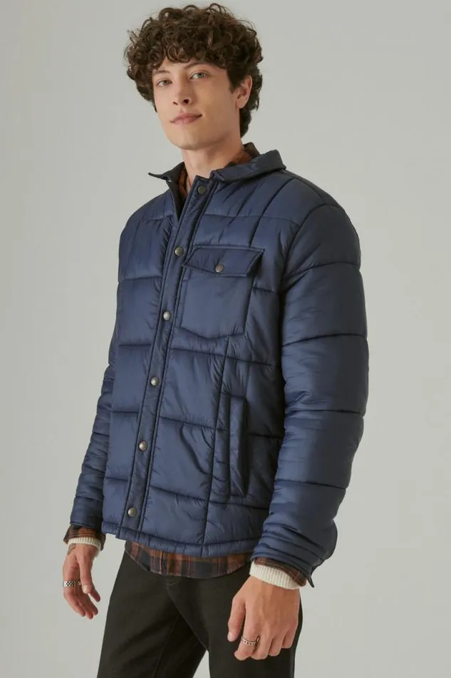 Men Lucky Brand Jackets and Outerwear Quilted Nylon Shirt Jacket Navy