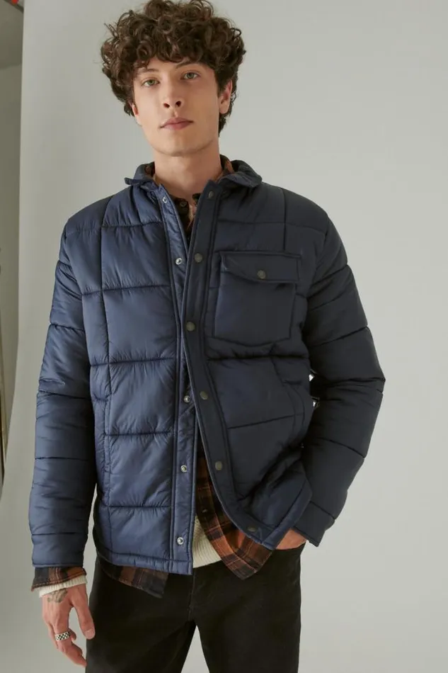 Men Lucky Brand Jackets and Outerwear Quilted Nylon Shirt Jacket Navy