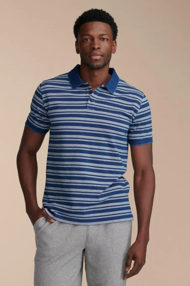 Men Lucky Brand Shirts and Tops Stripe Indigo Pique Polo 419 Indigo