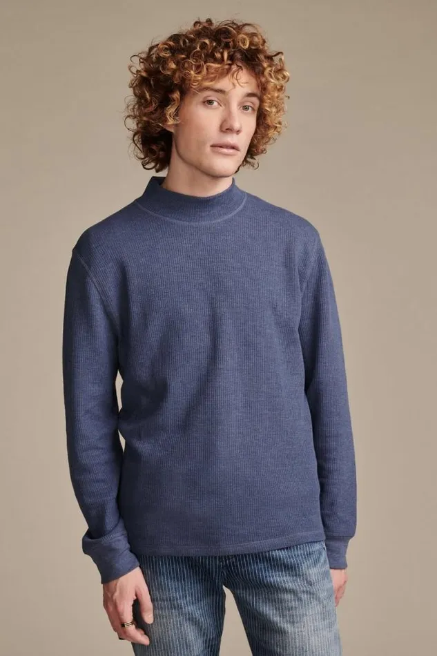 Men Lucky Brand Sweaters French Rib Long Sleeve Mock Neck Navy