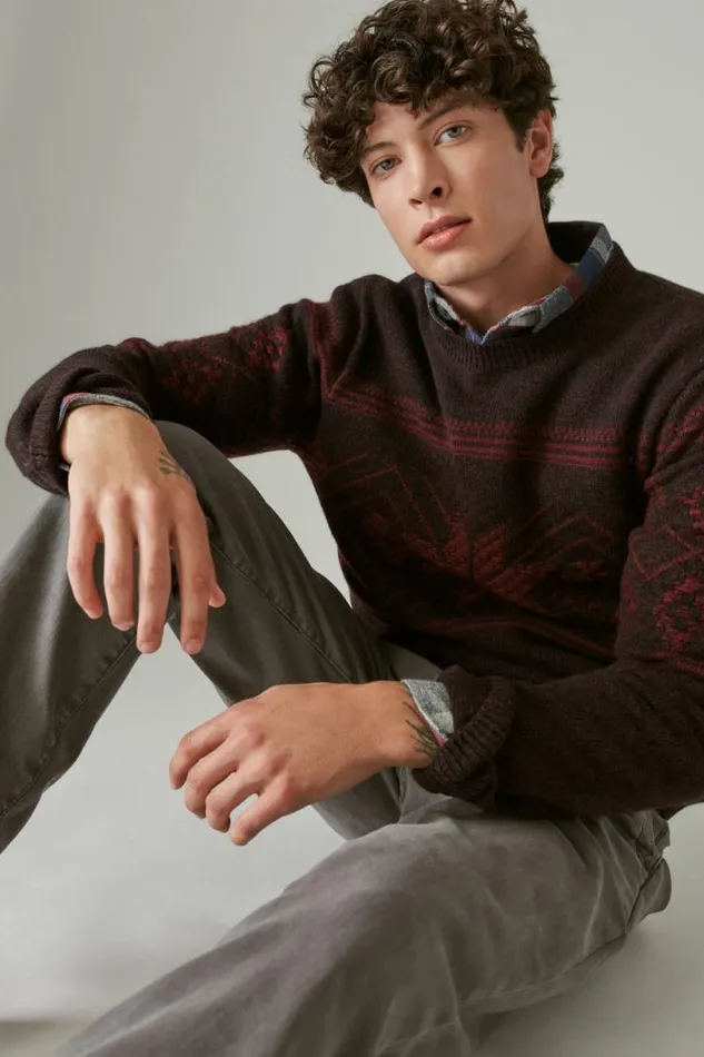 Men Lucky Brand Sweaters Intarsia Crew Neck Sweater Wine Tating Combo