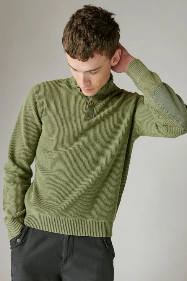 Men Lucky Brand Sweaters Mixed Media Mock Neck Sweater Army Green Acid Wash