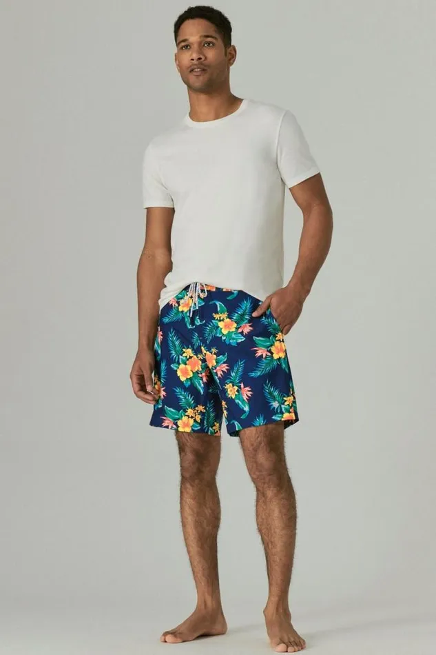Men Lucky Brand Swim 8034 Stretch Board Short Navy Tropical Floral