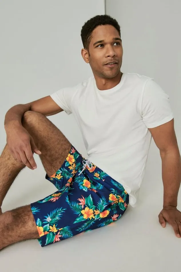 Men Lucky Brand Swim 8034 Stretch Board Short Navy Tropical Floral