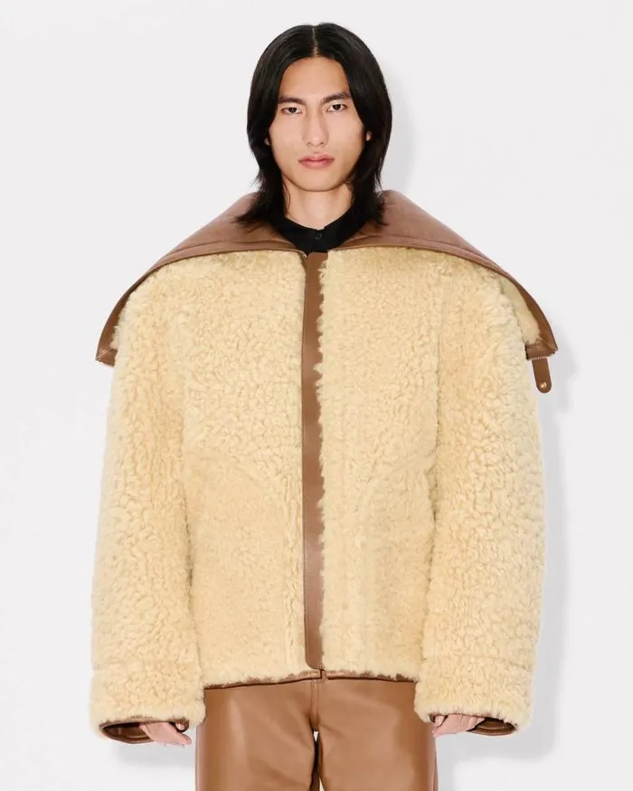 Men Reversible Shearling Blouson In Lambskin Leather Dark Camel Kenzo Jackets And Coats