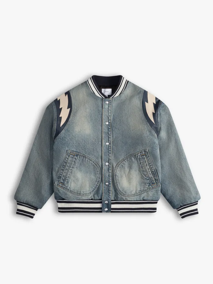 Men Rhude Outerwear DENIM LIGHTNING VARSITY JACKET Dark Indigo
