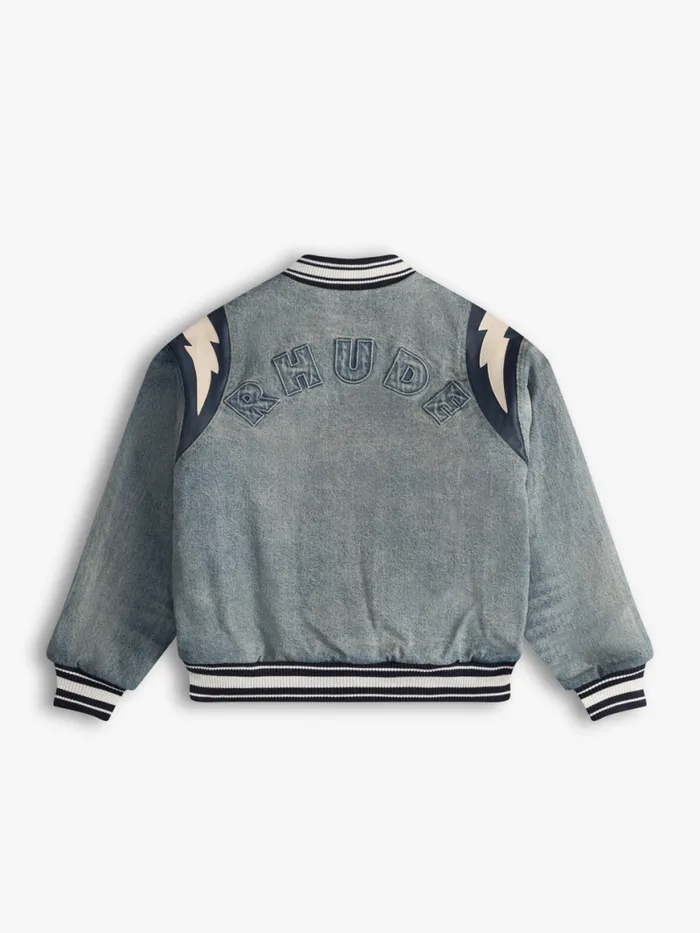 Men Rhude Outerwear DENIM LIGHTNING VARSITY JACKET Dark Indigo