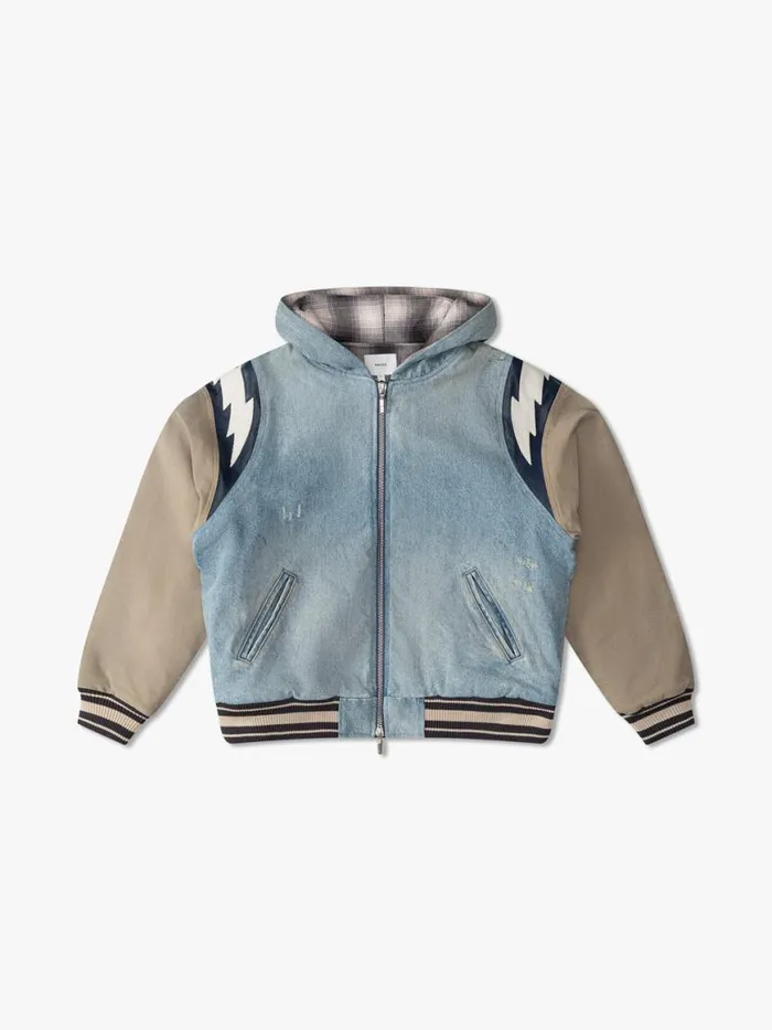 Men Rhude Outerwear LIGHTNING DENIM HOODED VARSITY JACKET Denim