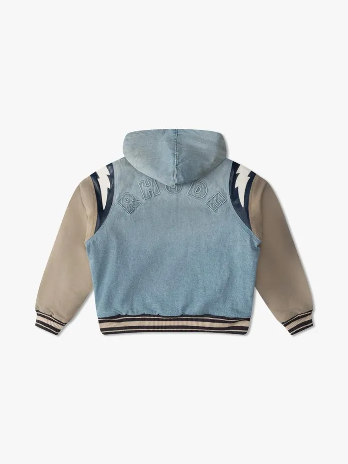 Men Rhude Outerwear LIGHTNING DENIM HOODED VARSITY JACKET Denim