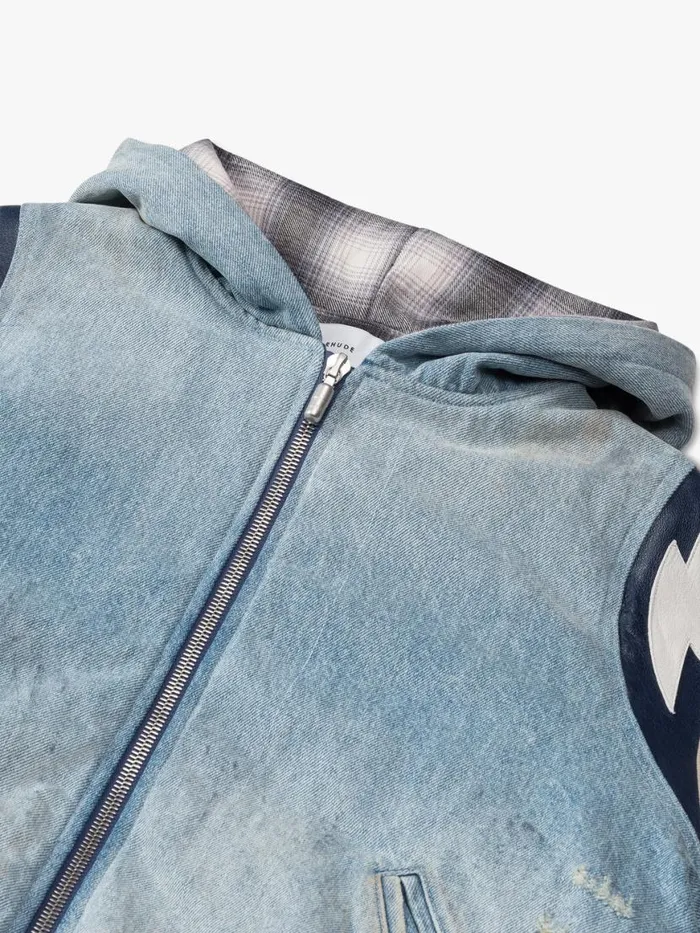 Men Rhude Outerwear LIGHTNING DENIM HOODED VARSITY JACKET Denim
