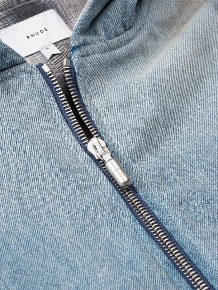 Men Rhude Outerwear LIGHTNING DENIM HOODED VARSITY JACKET Denim