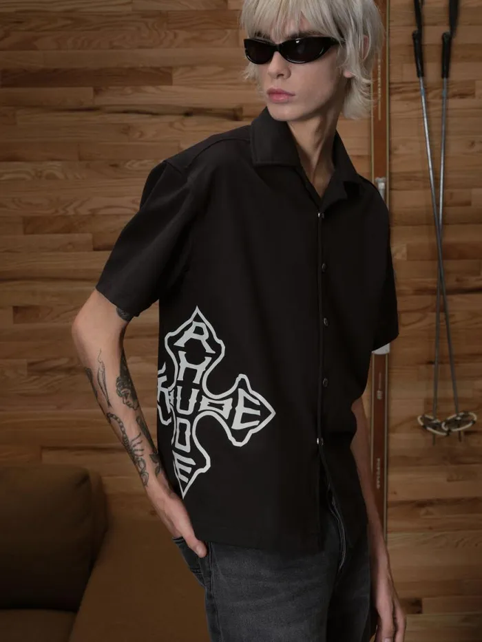 Men Rhude Shirts CROSS LOGO SNAP SHIRT Black Men Rhude Shirts CROSS LOGO SNAP SHIRT Black