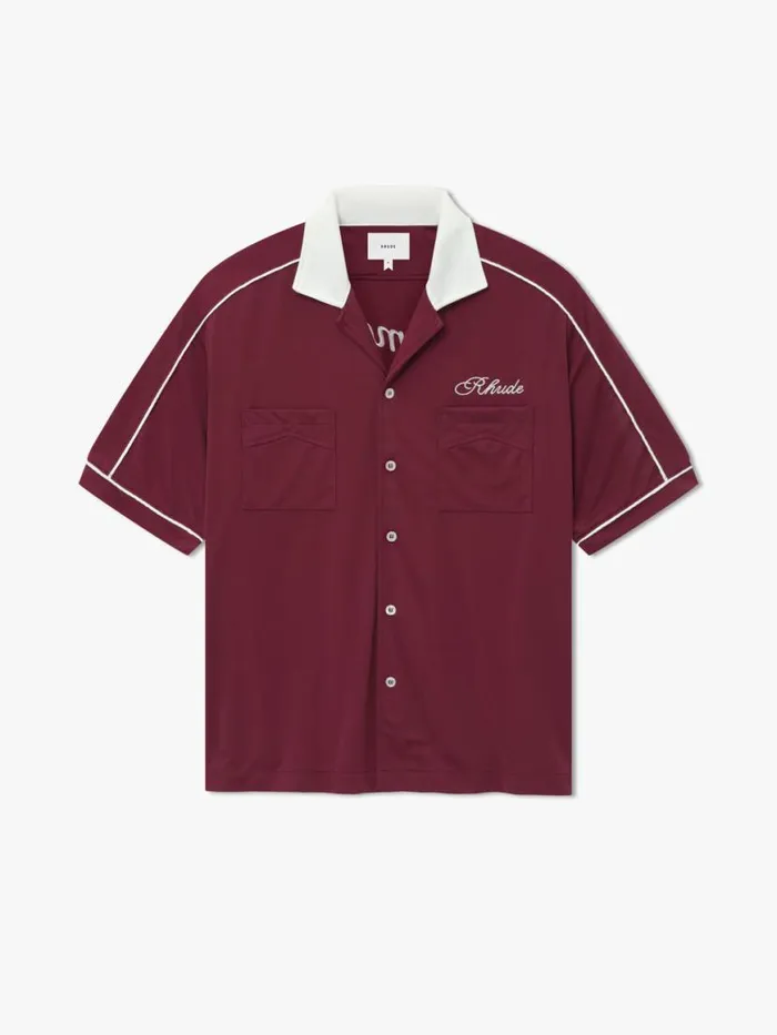 Men Rhude Shirts MONTBLANC BOWLING SHIRT Maroonwhite