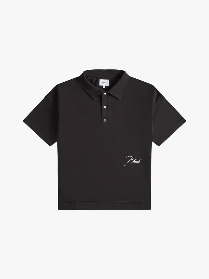 Men Rhude Shirts PIQUE SNAP SHORT SLEEVE POLO Black
