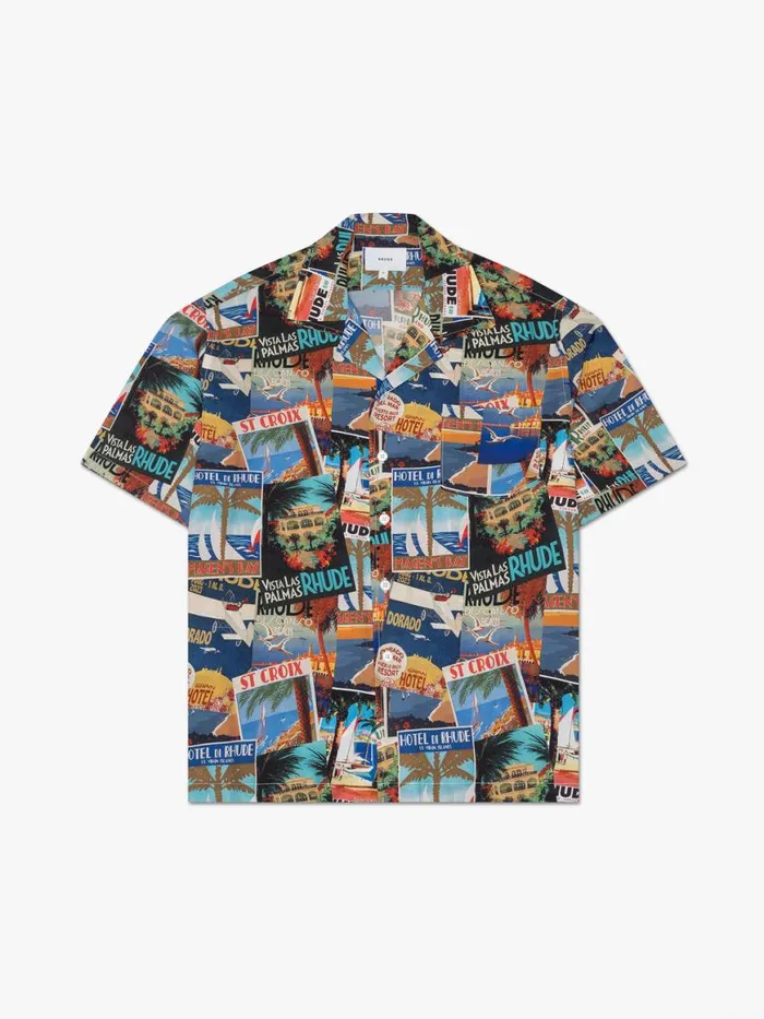 Men Rhude Shirts POSTCARD SILK SHIRT Blue Multi