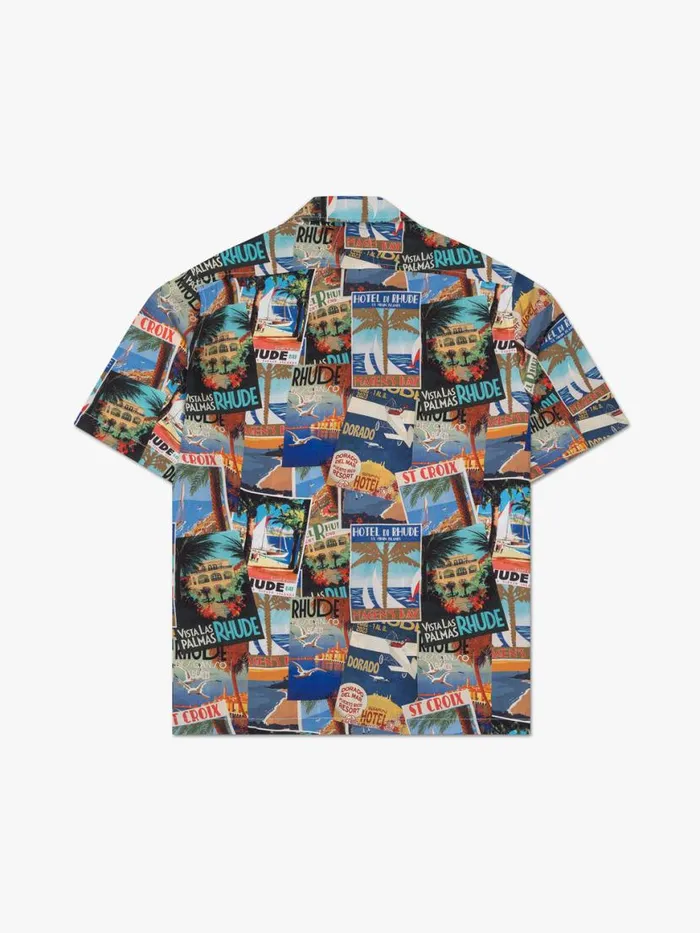 Men Rhude Shirts POSTCARD SILK SHIRT Blue Multi Men Rhude Shirts POSTCARD SILK SHIRT Blue Multi