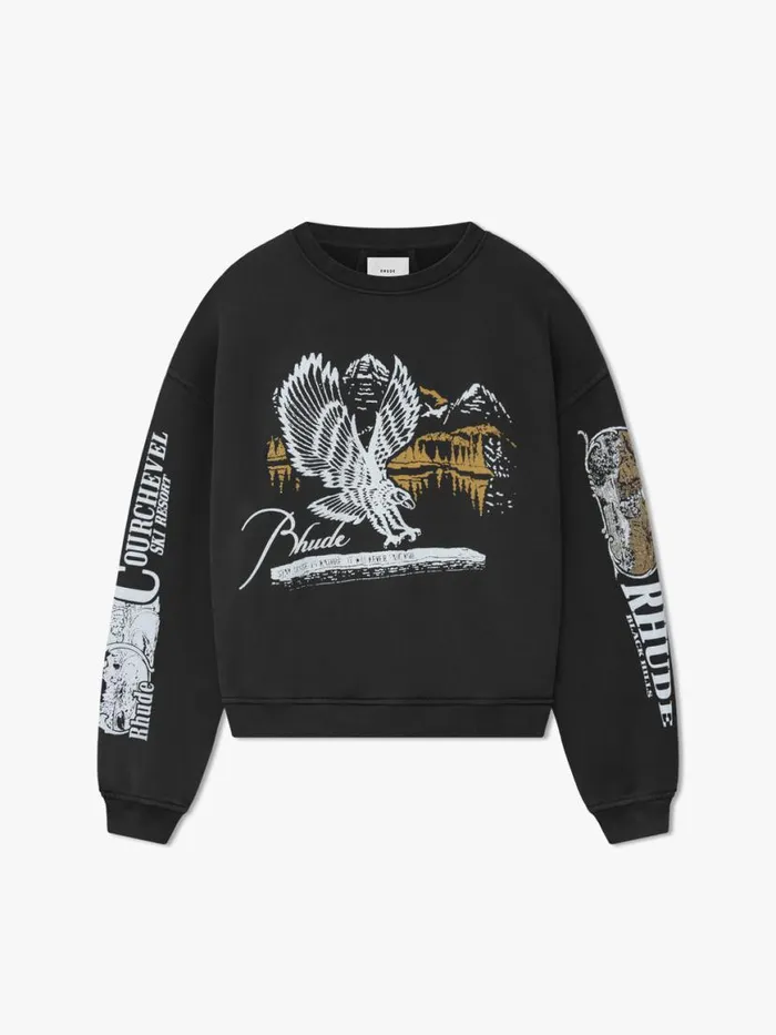 Men Rhude Sweatshirts PENNANT FLAG CREWNECK Vtg Black