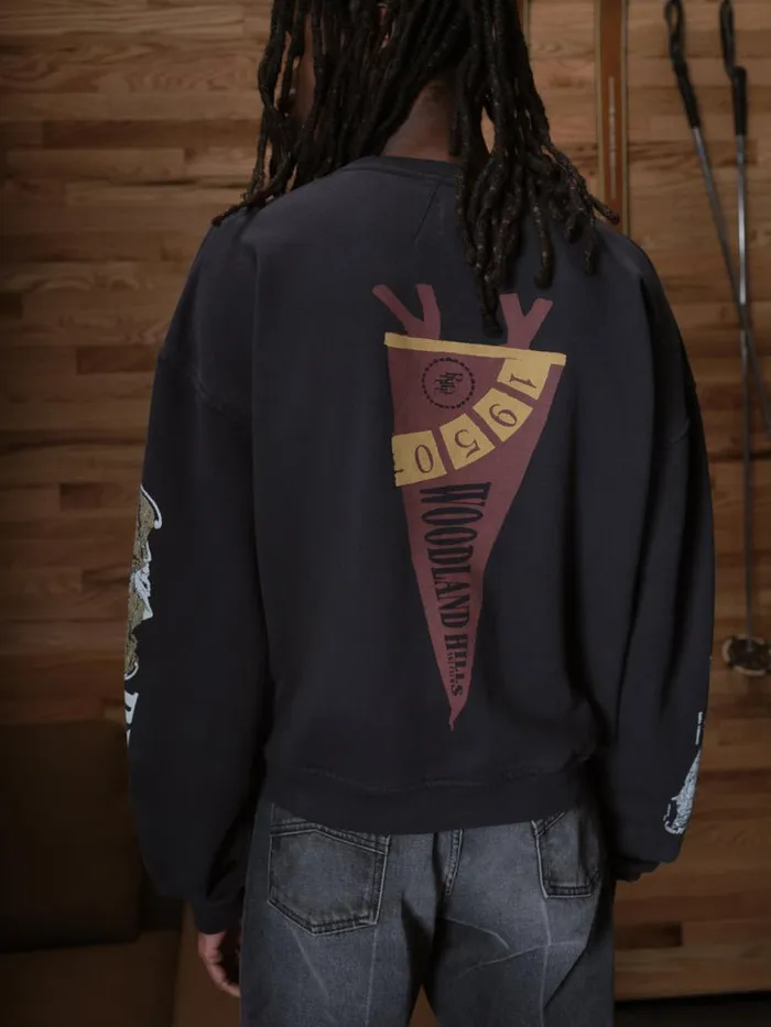 Men Rhude Sweatshirts PENNANT FLAG CREWNECK Vtg Black