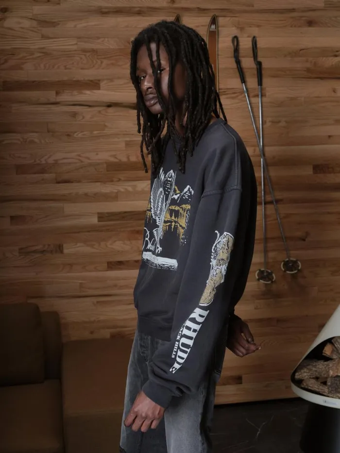 Men Rhude Sweatshirts PENNANT FLAG CREWNECK Vtg Black