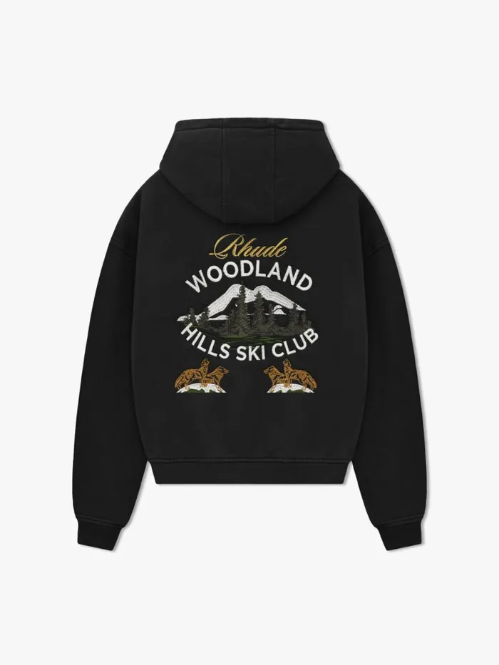 Men Rhude Sweatshirts WOODLAND HILLS SKI HOODIE Vtg Black