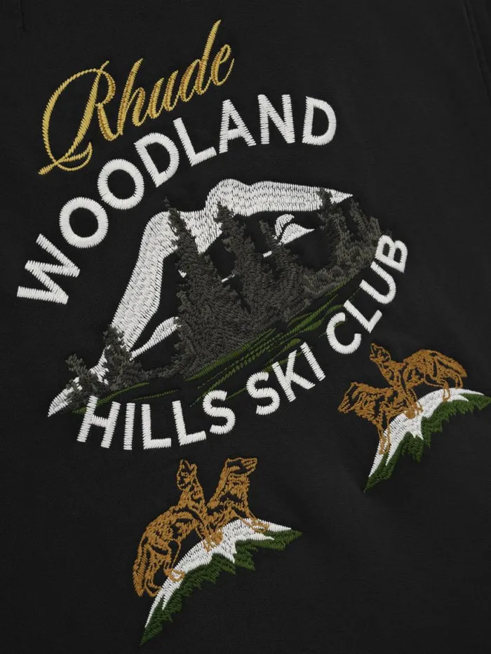 Men Rhude Sweatshirts WOODLAND HILLS SKI HOODIE Vtg Black