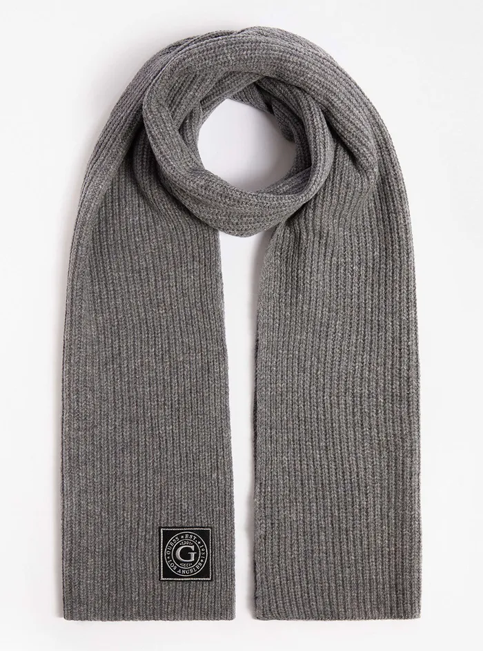 Men Scarves and Beanies GUESS Grey Hunter Ribbed Logo Scarf