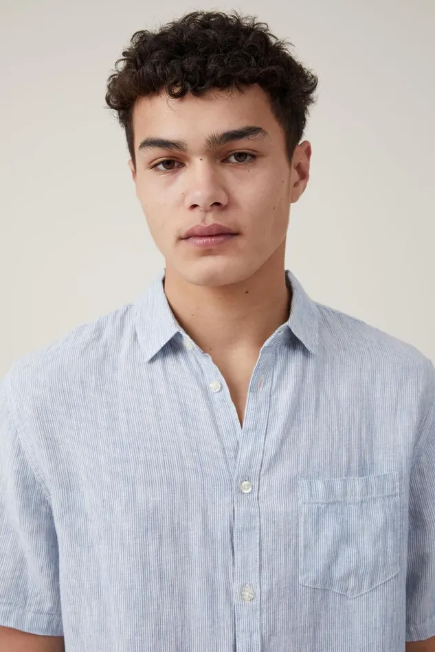 Men Shirts and Polos Cotton On Linen Short Sleeve Shirt Micro Blue Stripe