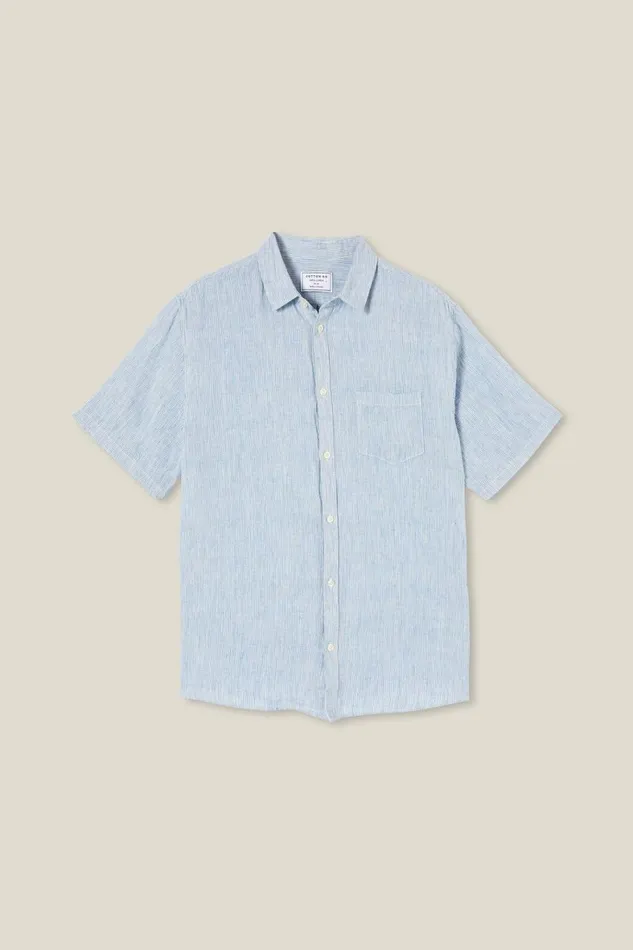 Men Shirts and Polos Cotton On Linen Short Sleeve Shirt Micro Blue Stripe