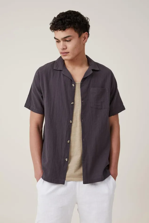 Men Shirts and Polos Cotton On Riviera Short Sleeve Shirt Faded Slate