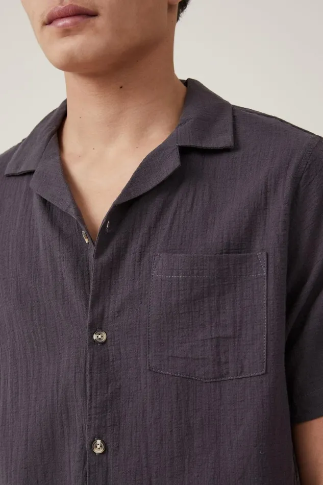 Men Shirts and Polos Cotton On Riviera Short Sleeve Shirt Faded Slate