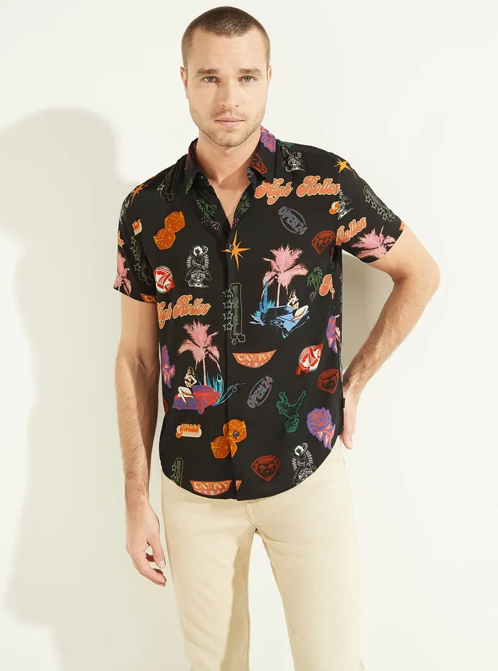 Men Shirts GUESS Eco Black Road Trippin Rayon Shirt