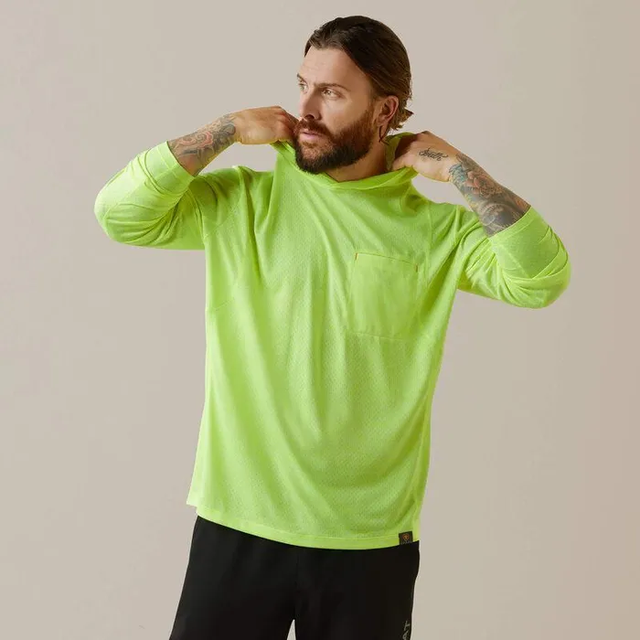 Men TShirts and Polos Ariat Rebar Evolution Hooded Sun Shirt Safety Yellow