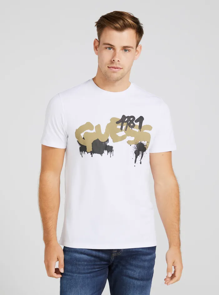 Men Tees and Tanks GUESS Eco White Graffiti Logo Tshirt