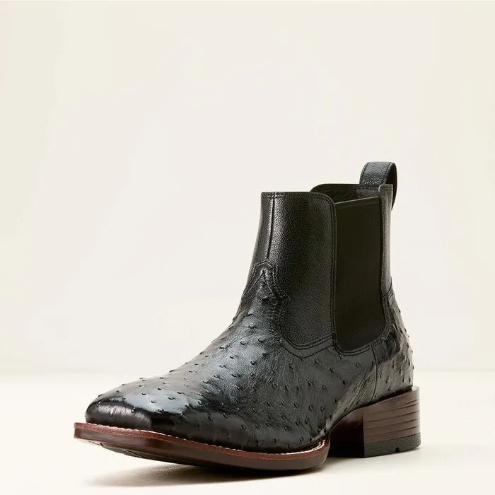 Men Western Boots Ariat Booker Chelsea Wide Square Toe Western Boot Jet Black Full Quill Ostrich
