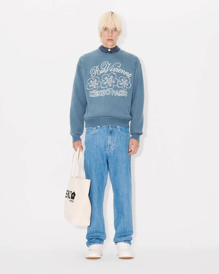 MenWomen 039KENZO Constellation039 Genderless Embroidered Jumper In Wool And Cotton Blue Kenzo Sweaters And Cardigans