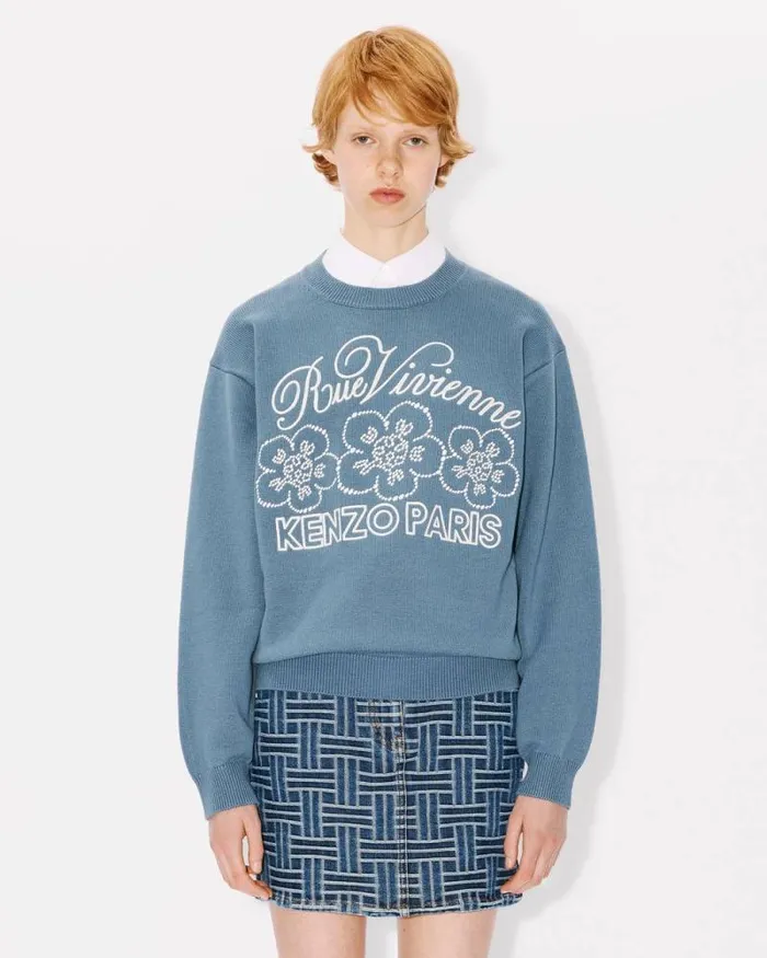 MenWomen 039KENZO Constellation039 Genderless Embroidered Jumper In Wool And Cotton Blue Kenzo Sweaters And Cardigans
