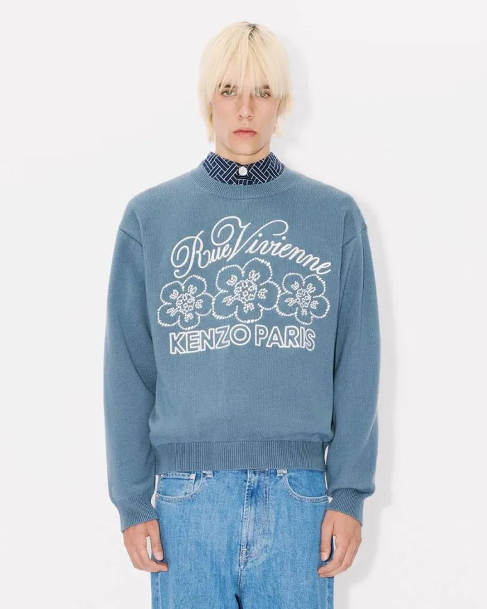 MenWomen 039KENZO Constellation039 Genderless Embroidered Jumper In Wool And Cotton Blue Kenzo Sweaters And Cardigans