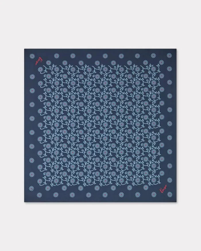 MenWomen 039KENZO Marguerite039 Silk Square Blue Black Kenzo Scarves