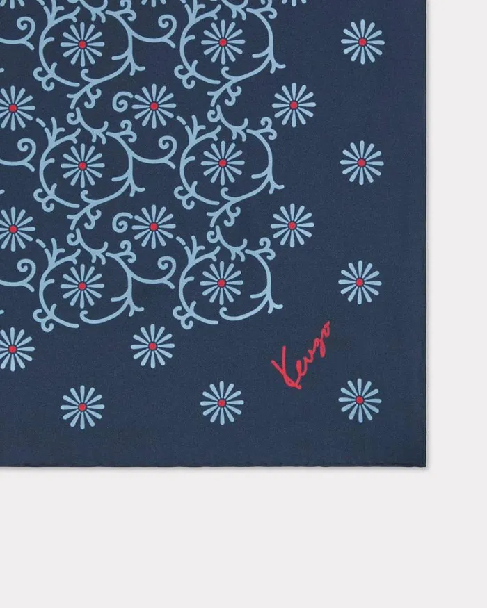 MenWomen 039KENZO Marguerite039 Silk Square Blue Black Kenzo Scarves