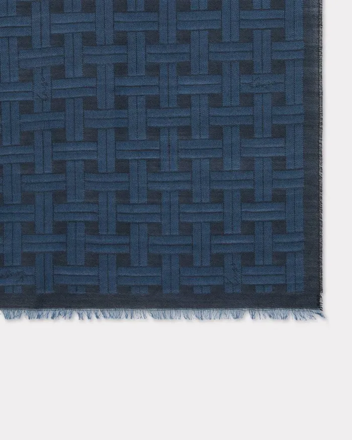 MenWomen 039KENZO Weave039 Jacquard Stole In Virgin Wool And Cotton Midnight Blue Kenzo Scarves