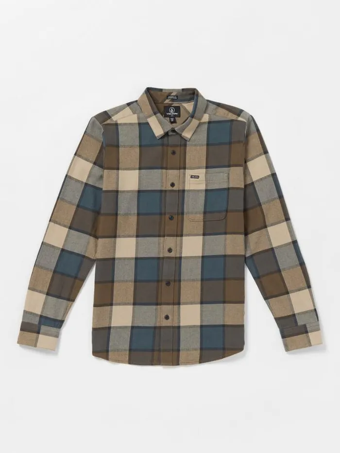 Mens Shirts and Flannels Volcom Caden Plaid Long Sleeve Shirt 8211 Mud
