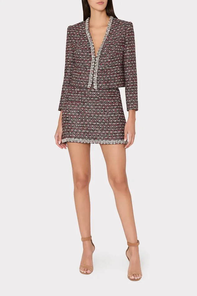 Milly Amaya Tweed Crystal Embellished Jacket Scarlet Multi Women Matching Sets Milly Amaya Tweed Crystal Embellished Jacket Scarlet Multi Women Matching Sets