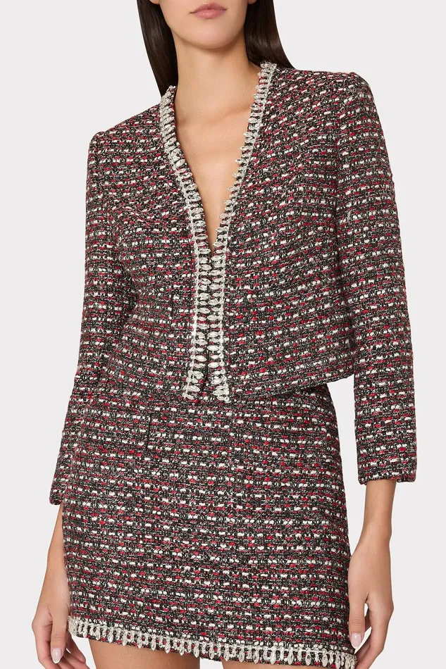 Milly Amaya Tweed Crystal Embellished Jacket Scarlet Multi Women Matching Sets Milly Amaya Tweed Crystal Embellished Jacket Scarlet Multi Women Matching Sets