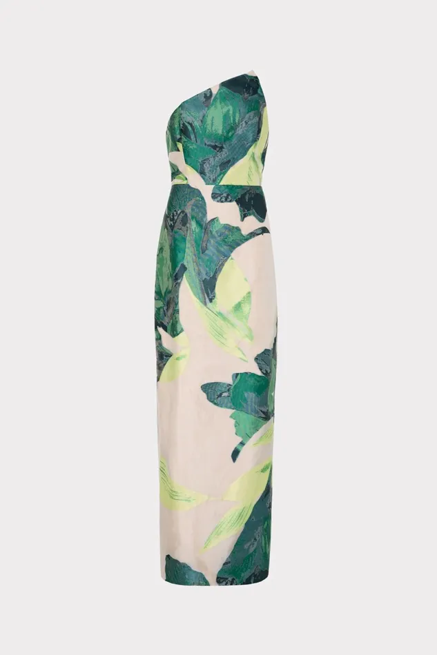 Milly Asymetrical Tropical Forest Jacquard Midi Dress Green Multi Women Dresses