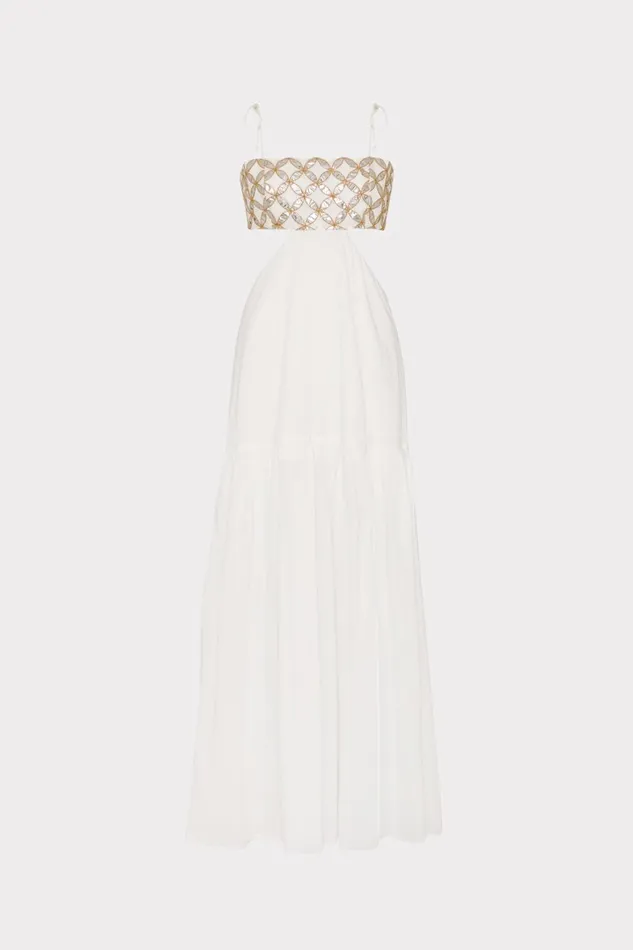 Milly Atalia Mirrored Embroidery Maxi CoverUp Dress Whitegold Women Swim and Coverups