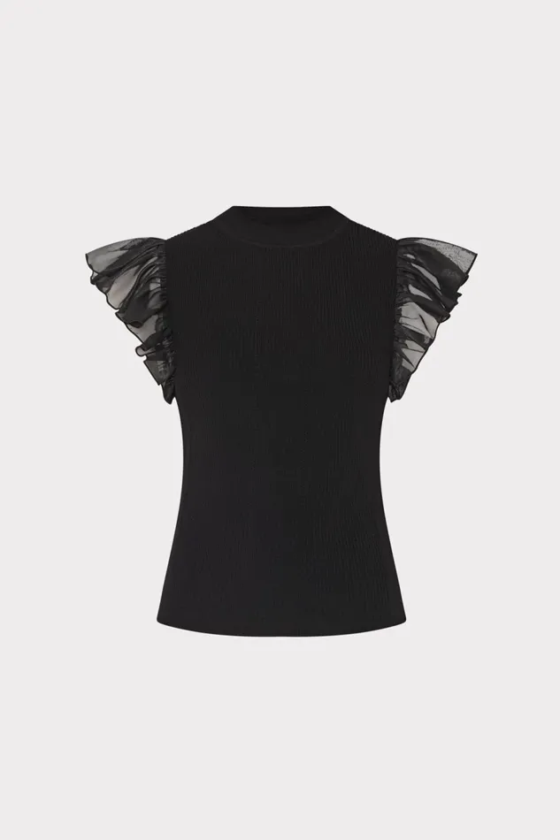 Milly Chiffon Flutter Sleeve Knit Top Black Women Sweaters and Knits