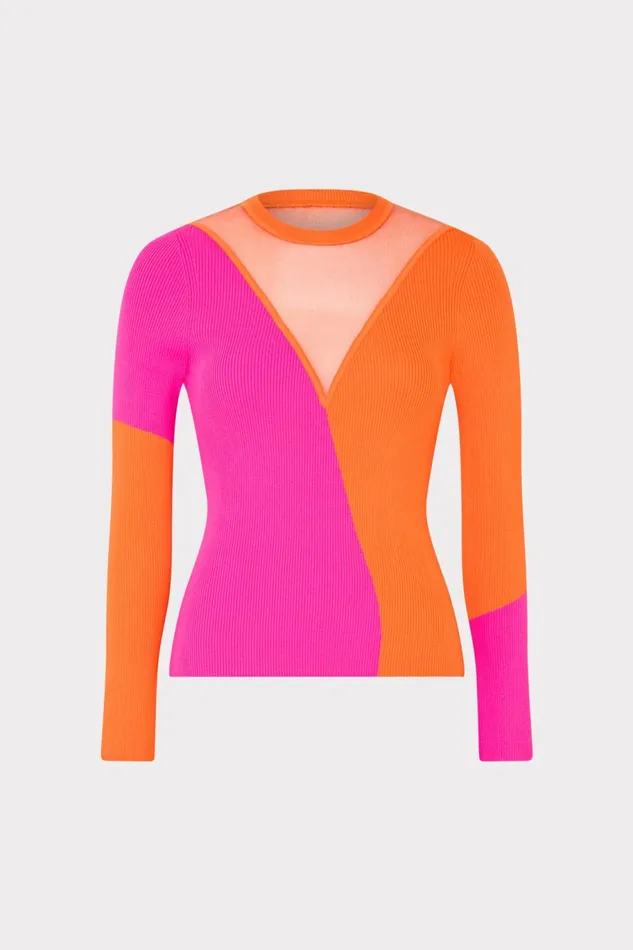 Milly Color Block Sheer Graphic Crewneck Coralpink Women Sweaters and Knits