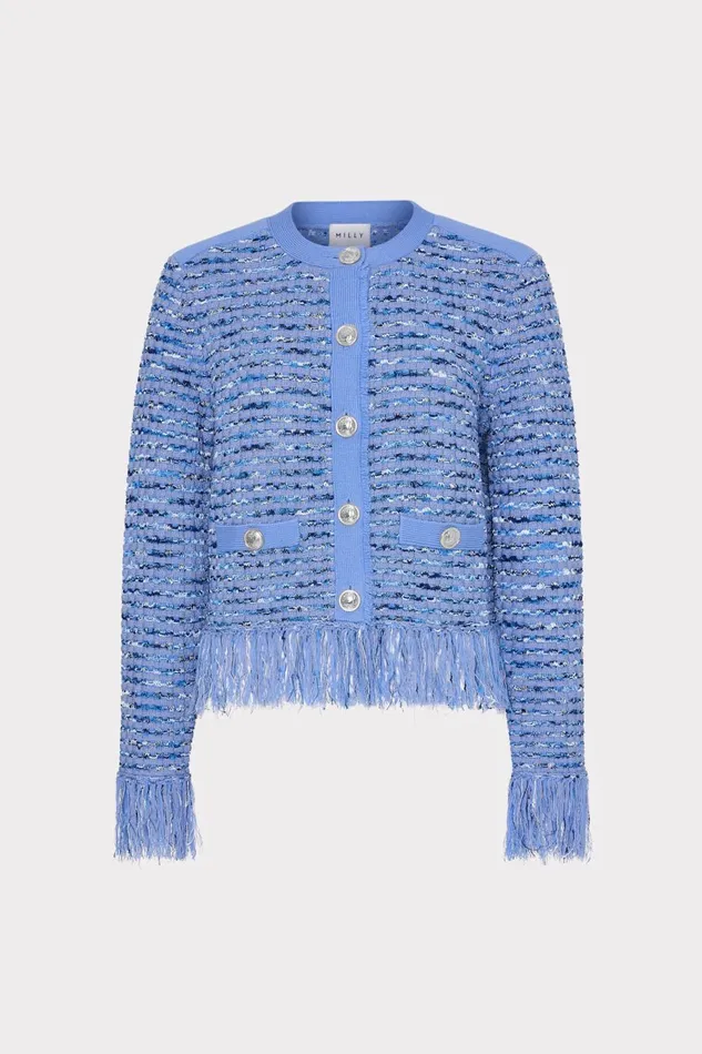 Milly Fringe Trim Cardigan Blue Women Cardigans