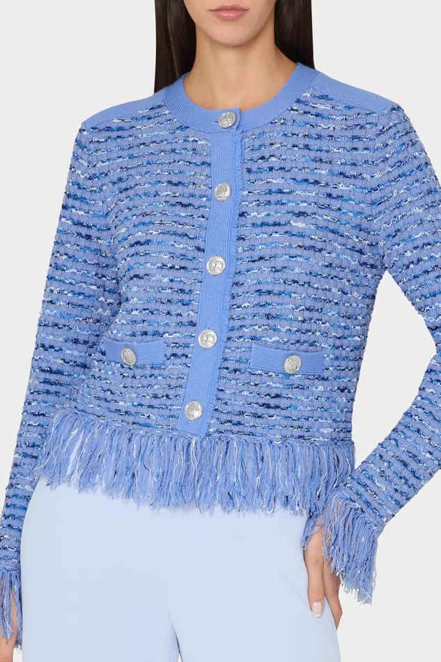 Milly Fringe Trim Cardigan Blue Women Cardigans Milly Fringe Trim Cardigan Blue Women Cardigans